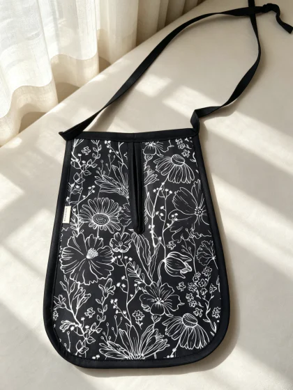 Original Handmade Marguerite Pocket Crossbody Bag, Black Floral Fabric Shoulder Bag with White Botanical Line Print, Lightweight Cloth Sling Bag