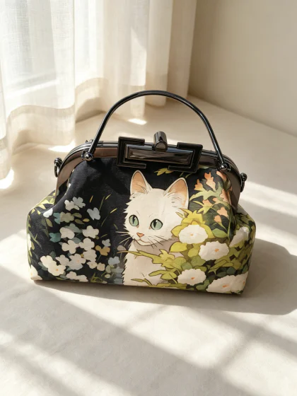One-of-a-Kind Original Handmade Cat Floral Frame Bag, OOAK Kiss Lock Handbag with Metal Clasp, Black Garden Cat Print Fabric Purse with Green Lining